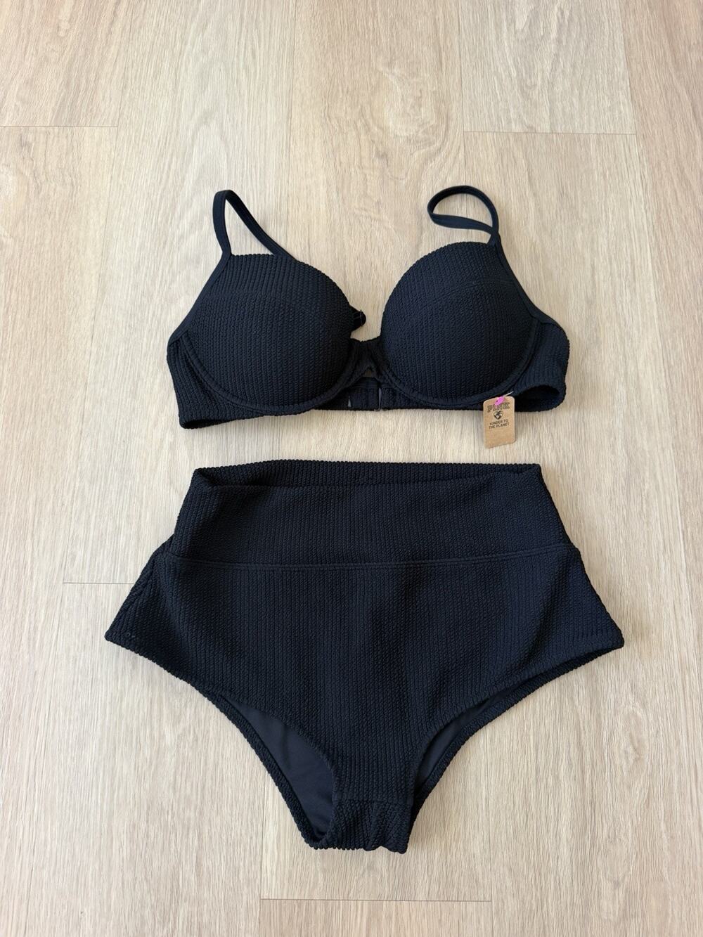 NWT VS PINK CRINKLE HIGH-WAIST BIKINI PUSH up Black Ribbed Bikini Set Large